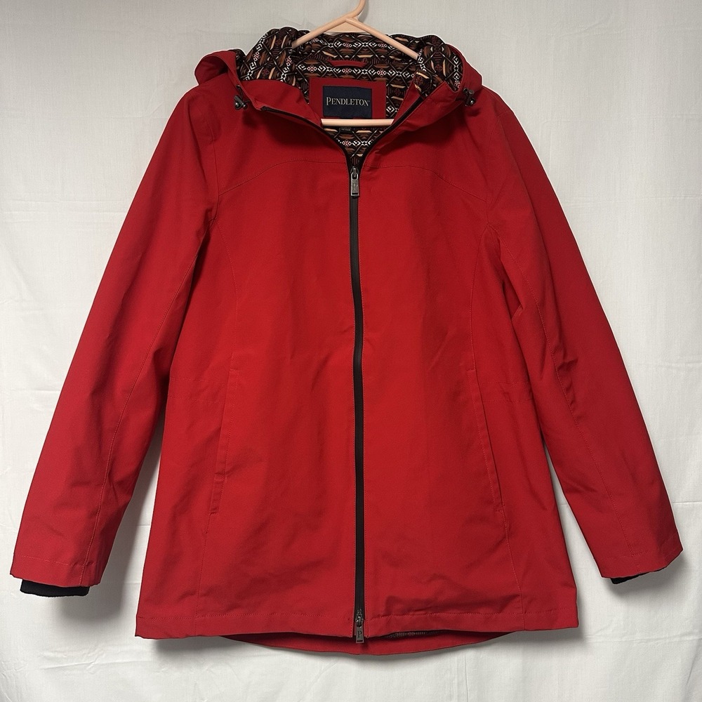 Pendleton Rain Jacket Womens Medium Red Hooded 2 Way Full Zip Waterproof Outdoor